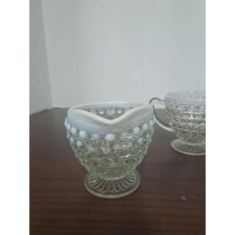 1940s Anchor Hocking Opalescent Hobnail Open Sugar Bowl And Creamer